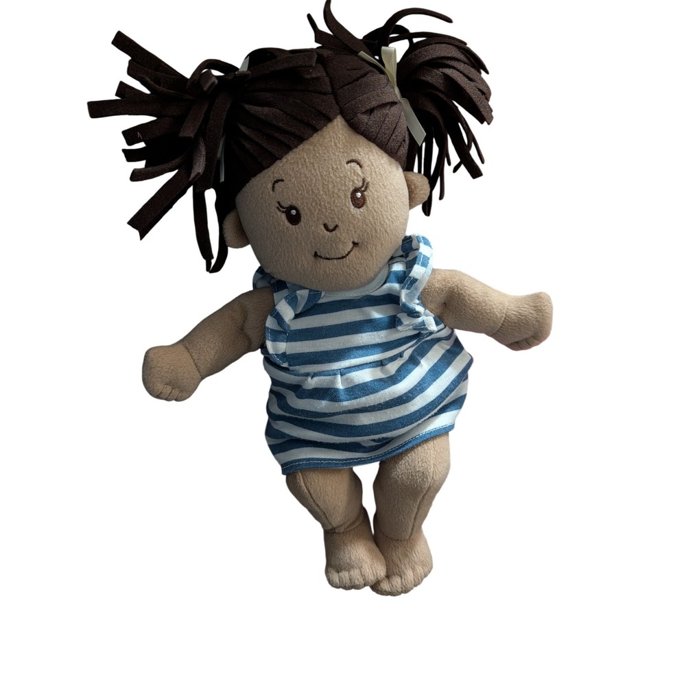 Manhattan Toy 15" Baby Stella Soft Doll Brown Hair Blue White Striped Dress‎